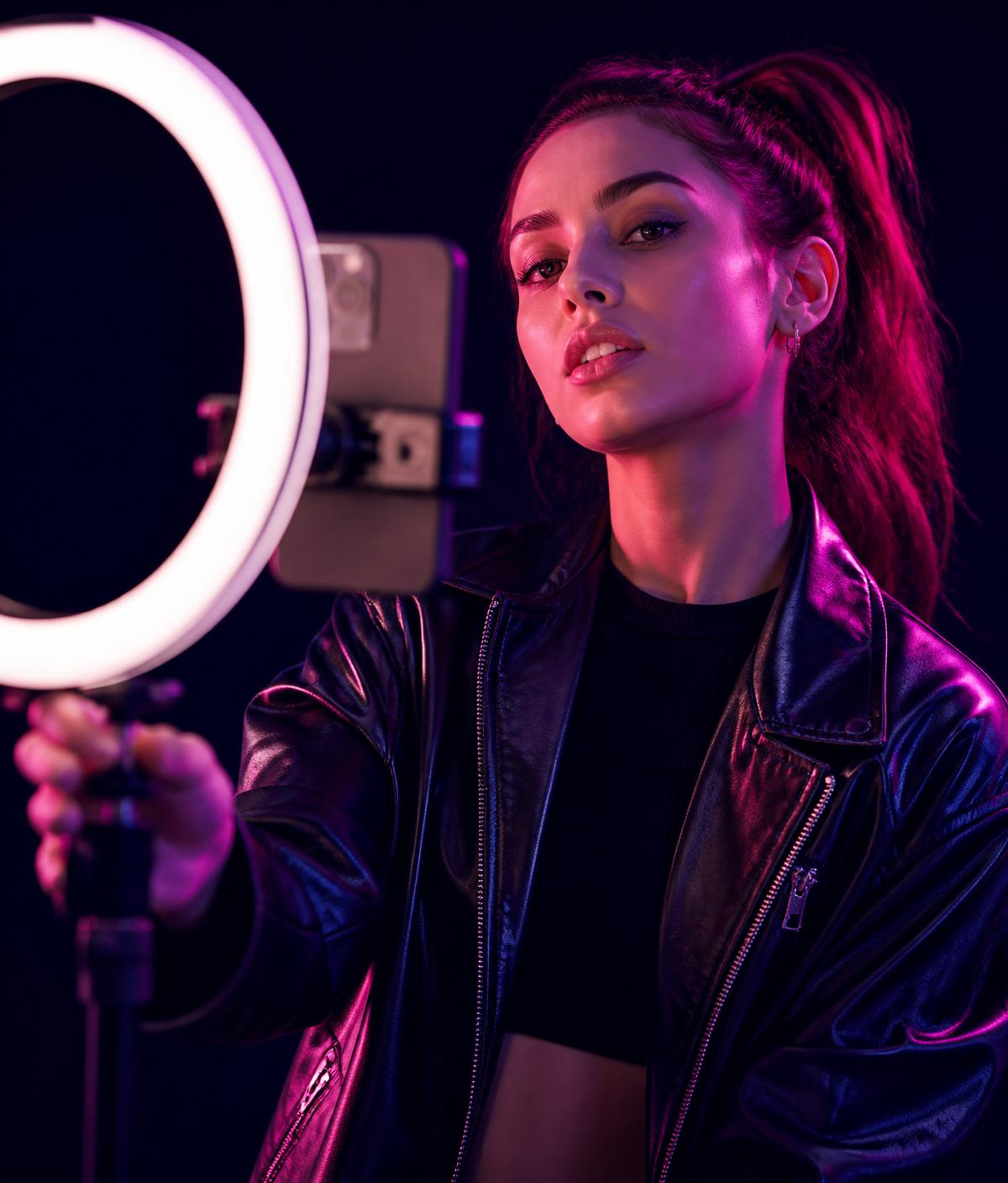 A creator filming a video with a ring light